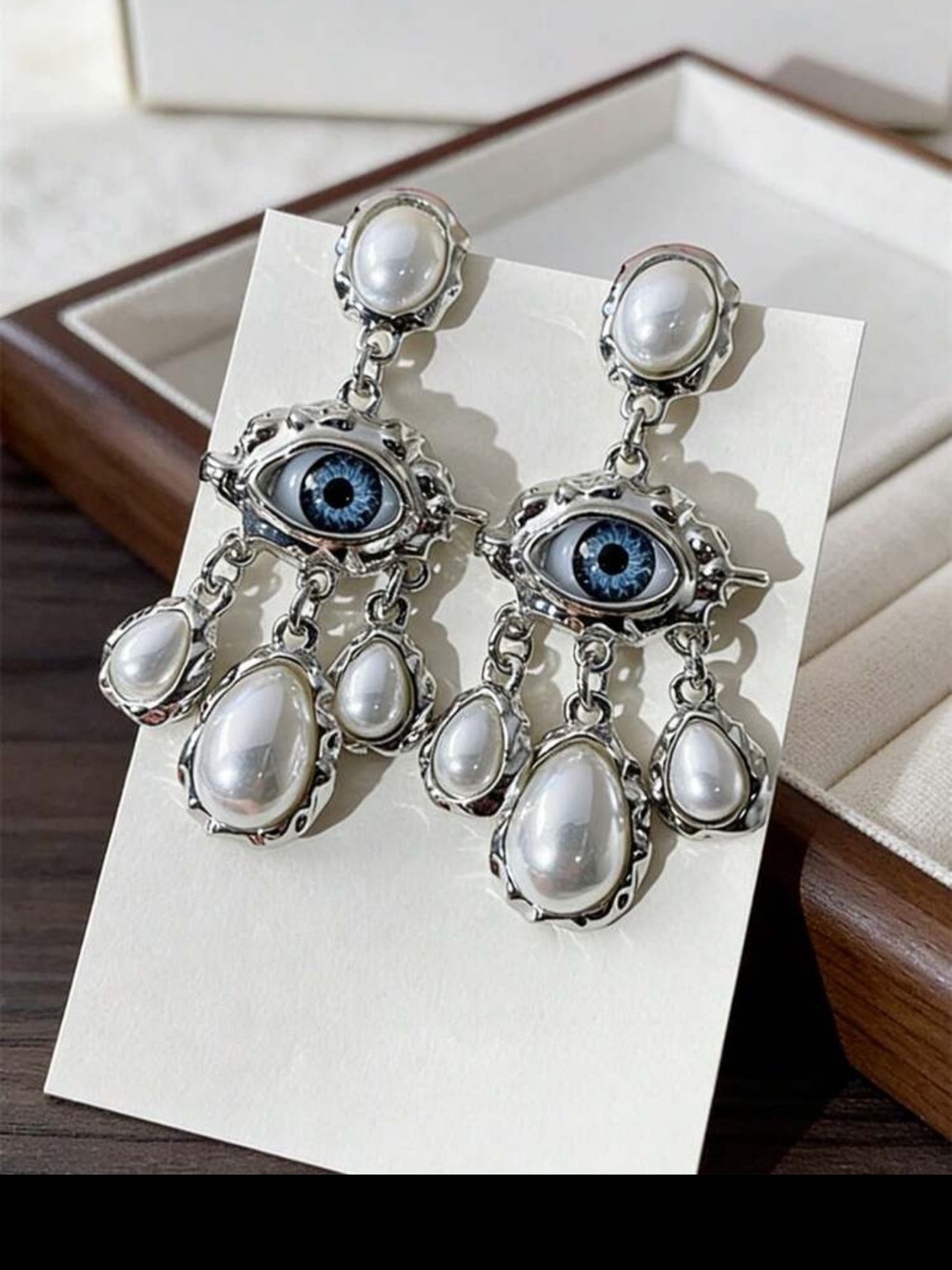 Blue Evil Eye Drop Earrings with Pearl Accents